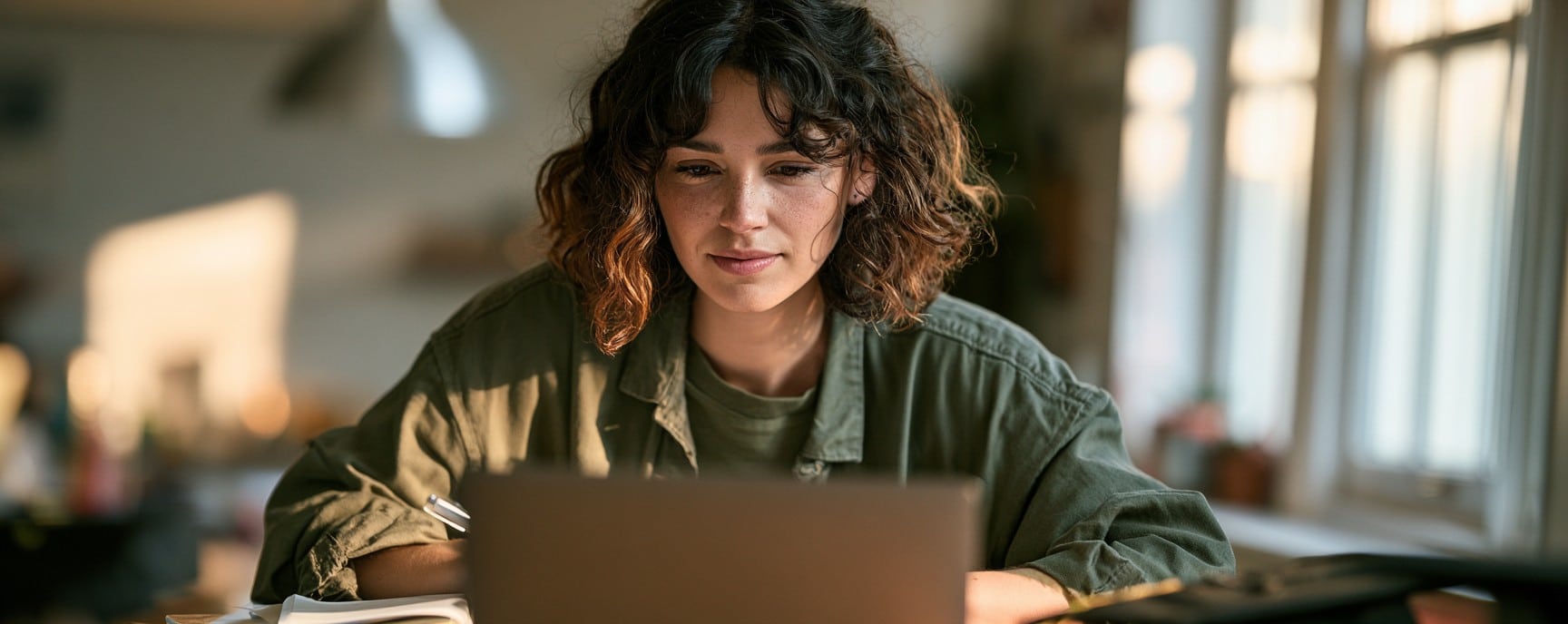 Woman sitting on a desk researching affordable degrees on her laptop